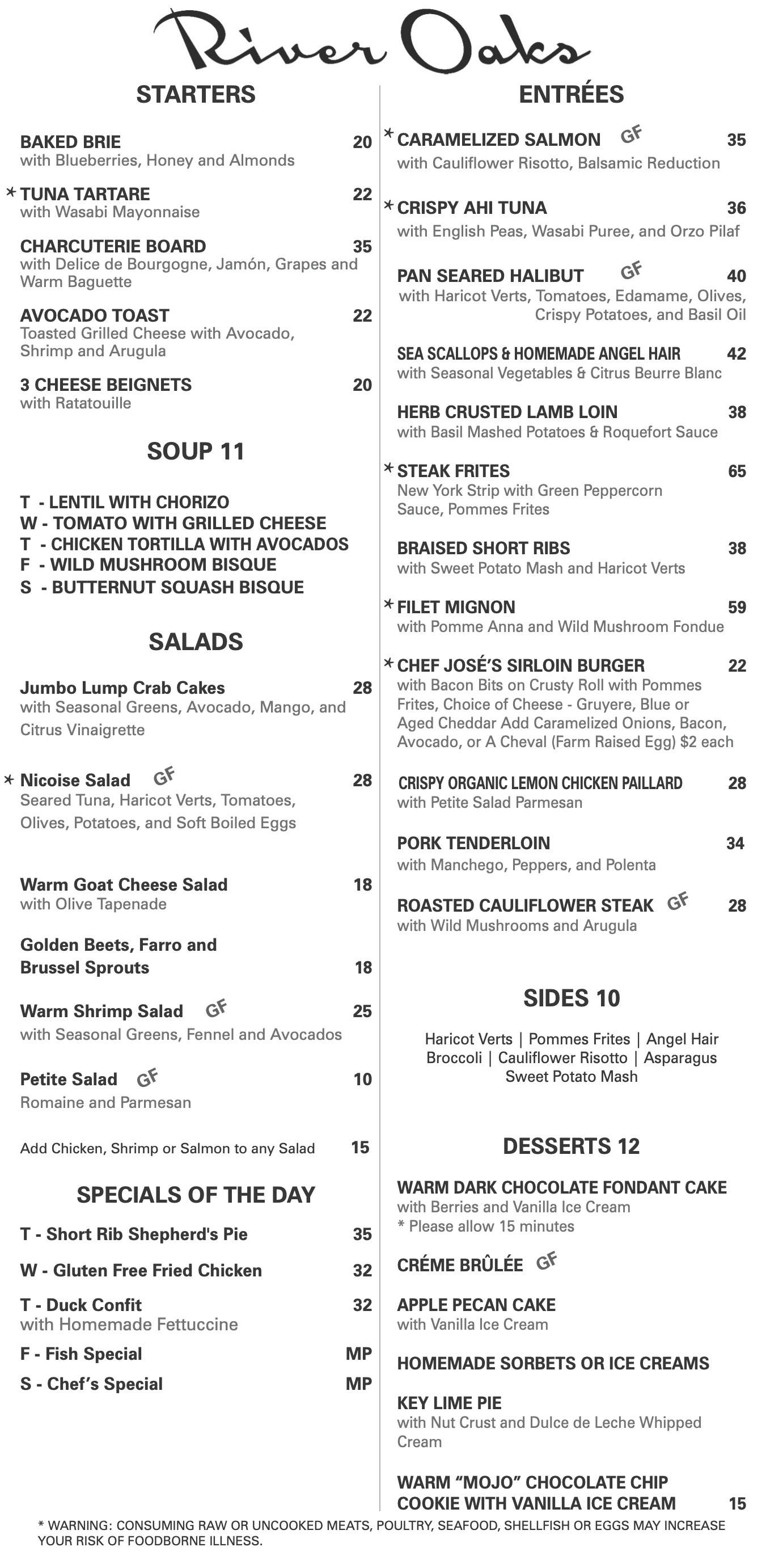 River Oaks Winter 2026 Dinner Menu