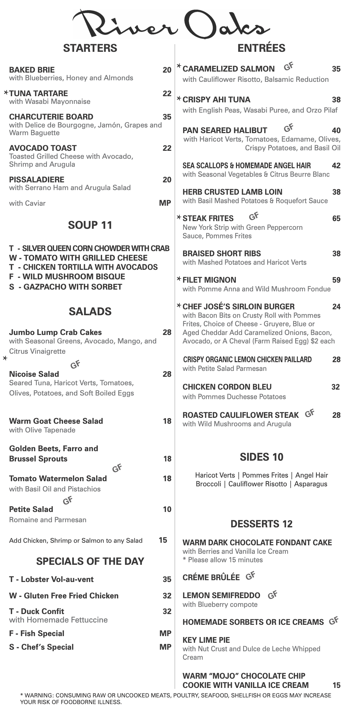 River Oaks Dinner Menu - Summer 2026