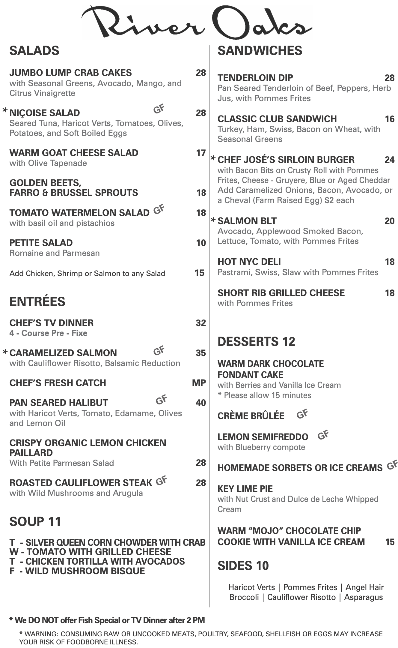 River Oaks Lunch Menu - Summer 2026